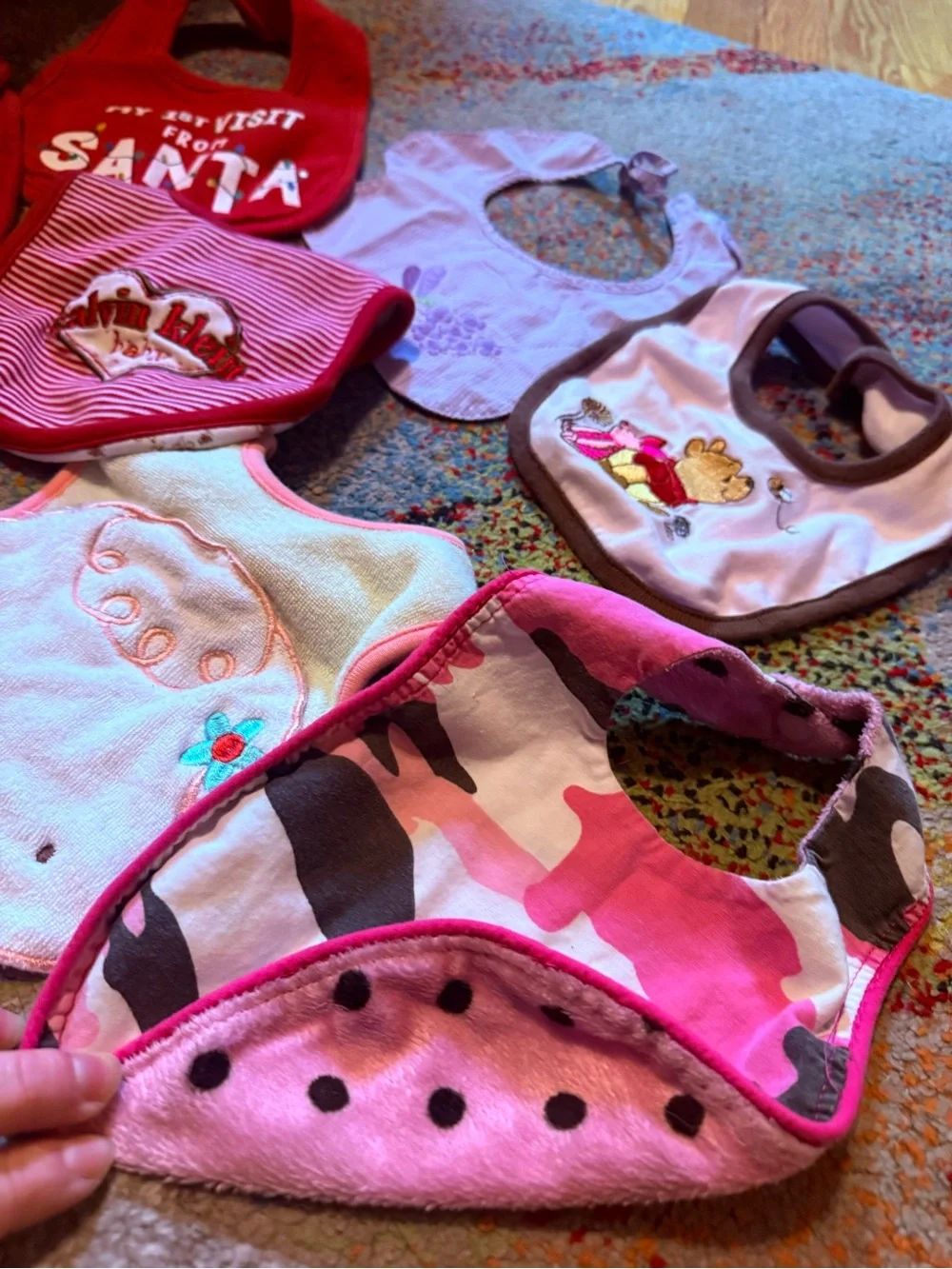 Large Lot of Baby Girl Bibs / Calvin Klein Pink Camouflage / Winnie the Pooh etc